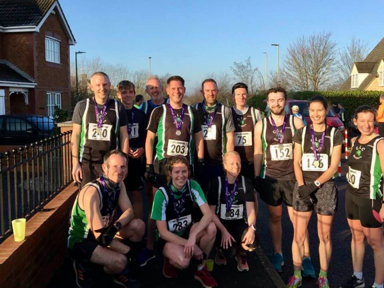CLC atheletes at the Linda Franks 5-mile road race on January 19th 2020. Back row left to right: Gary Smith, Jacob Howes, Mike Speke, Hedley Philips, Matt Ashman, Andrew Gage, Nick Ledwold, Helen Knight, Helen Howes. Front rwo. Left to right: Jon Howes, Nicola Weager and Amelia Mullins